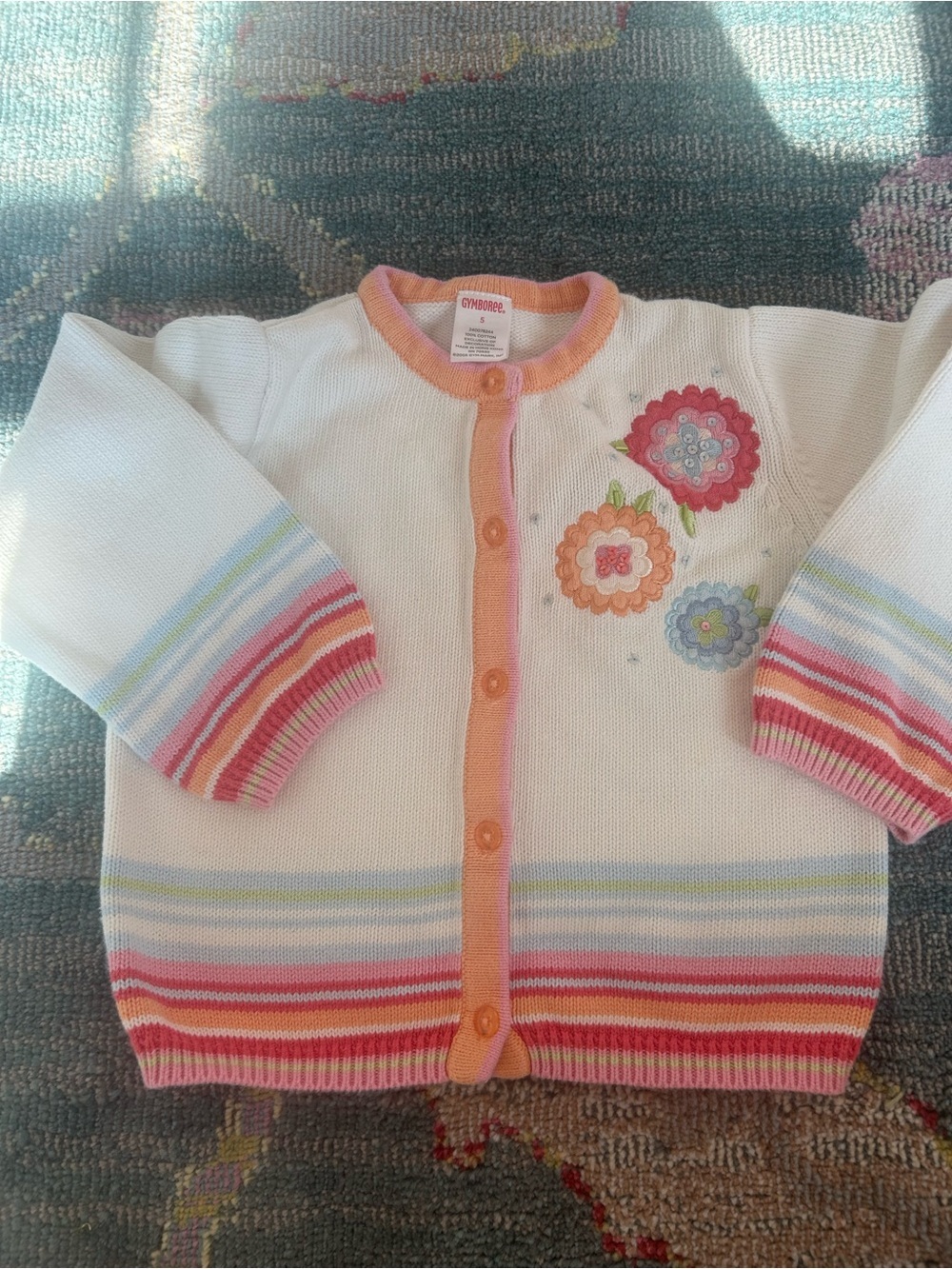 Gymboree White Cardigan with Pink Trim, Multicolor Stripes & Flower Appliqués